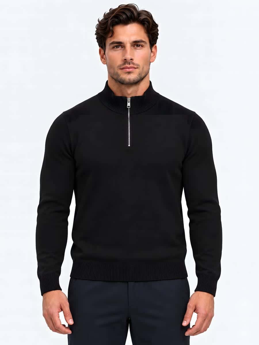 Knitted half zip sweater in black, front view