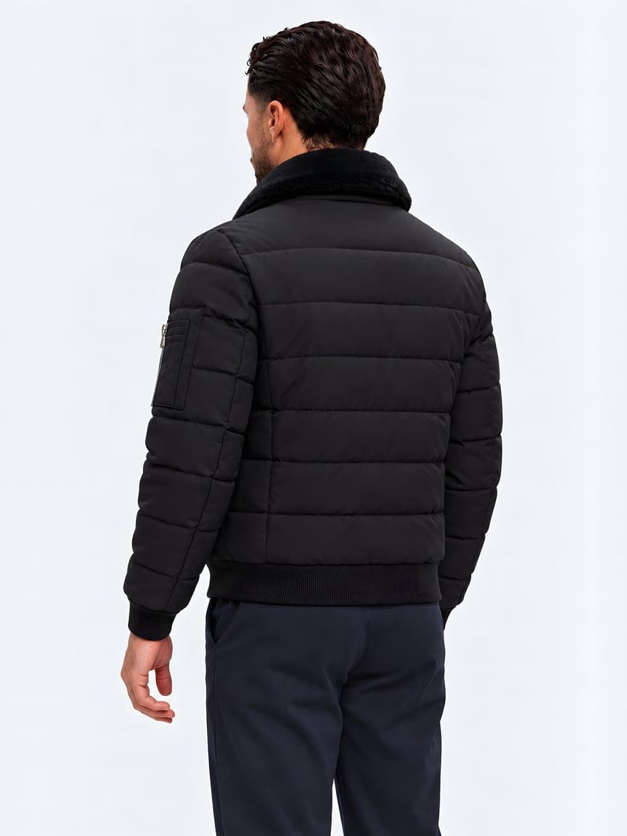 Padded bomber jacket with a fur collar in black, back view