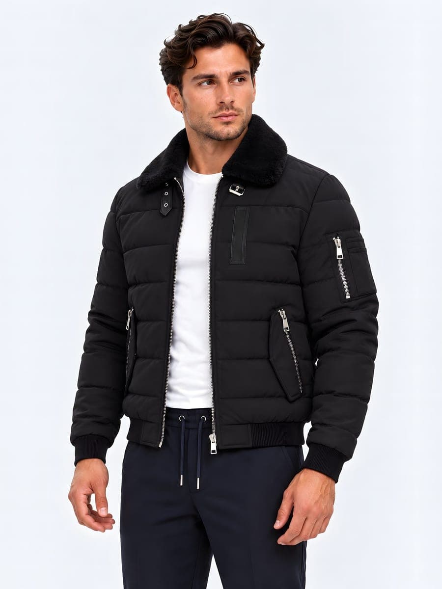 Padded bomber jacket with a fur collar in black, angled front view