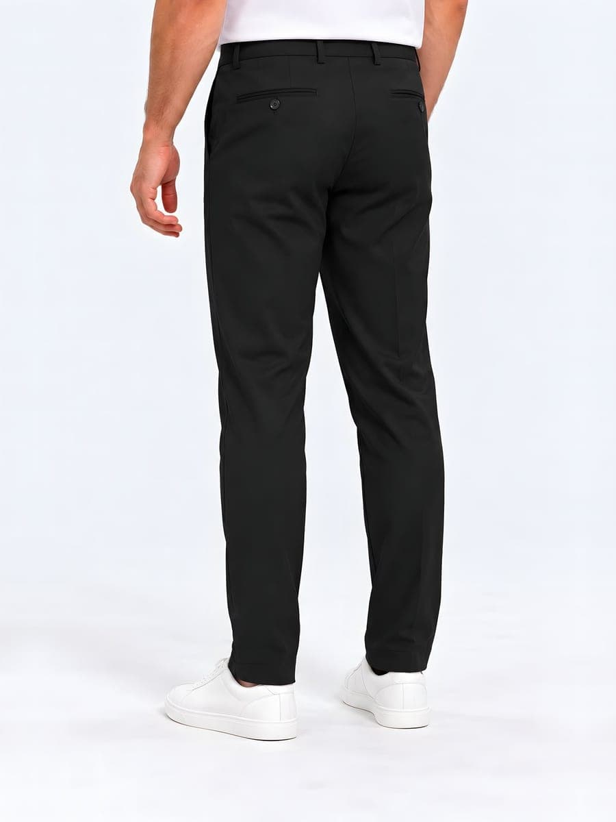 Smooth straight leg trousers in black, back view