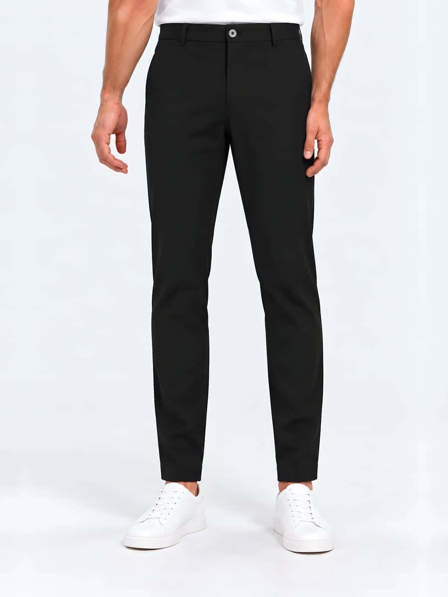 Black smooth trousers with a straight leg, front view