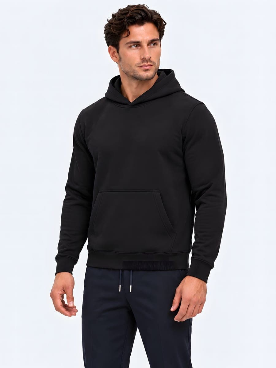 Heavyweight hoodie, regular fit in black, angled front view