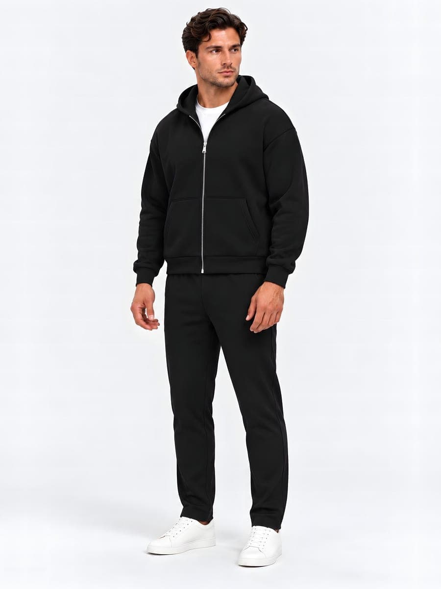 Oversized zip hoodie set in black, angled front view