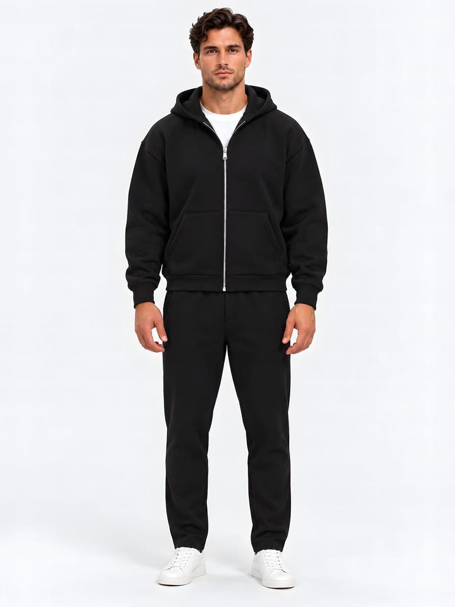 Zwarte oversized zip-hoodie-set, vooraanzicht