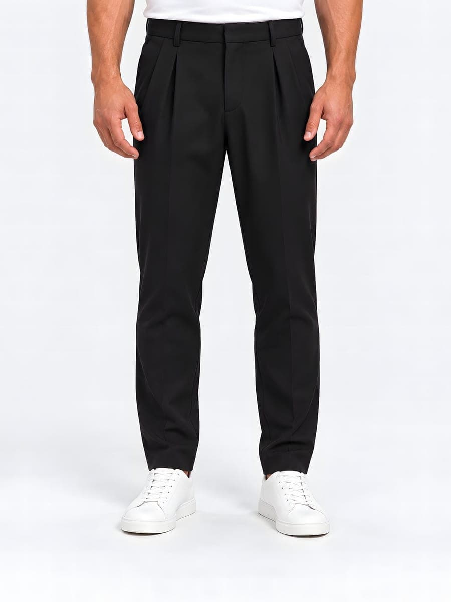 Trousers with waist pleats in black, front view