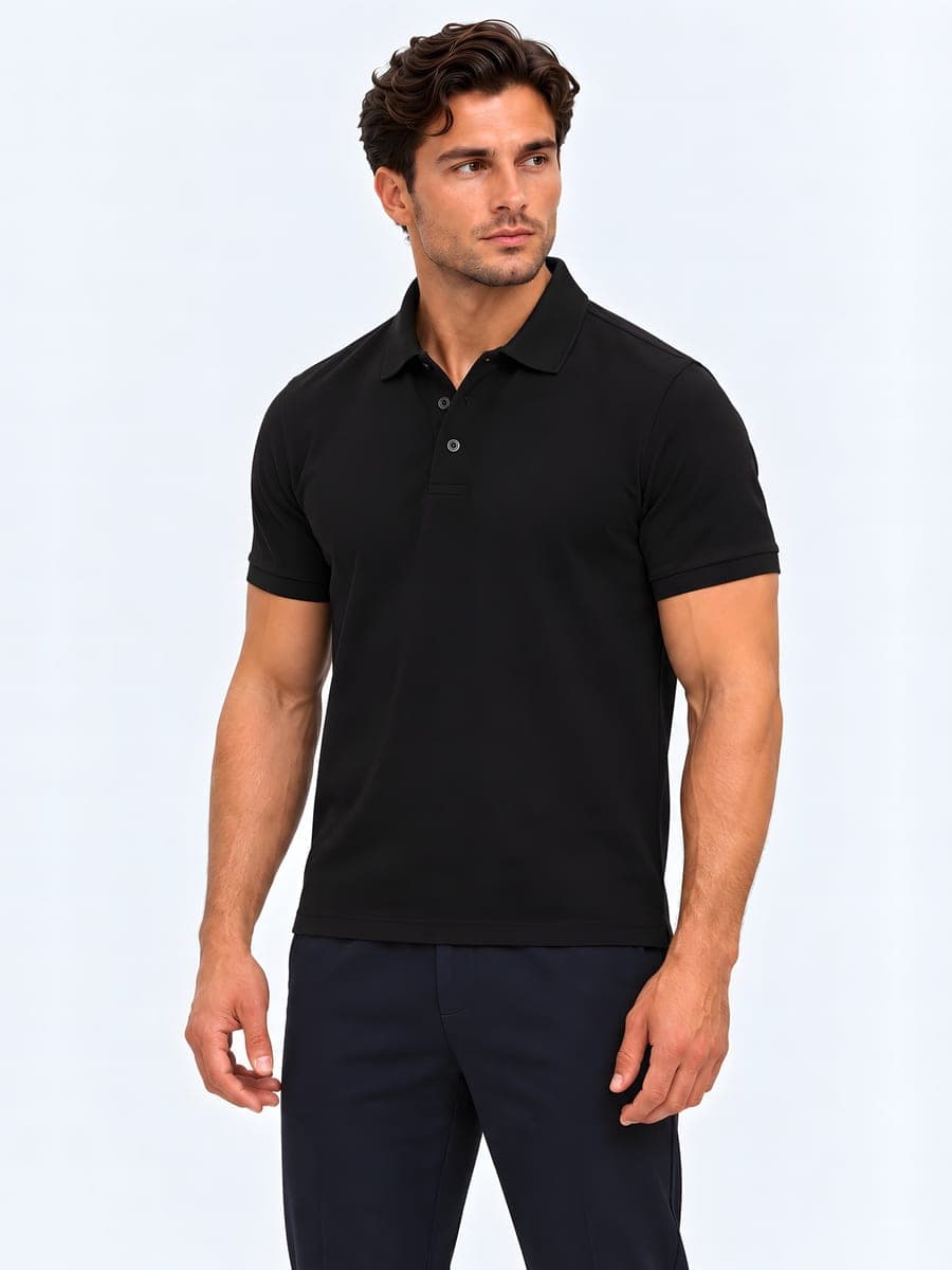 Piqué polo in black, angled front view