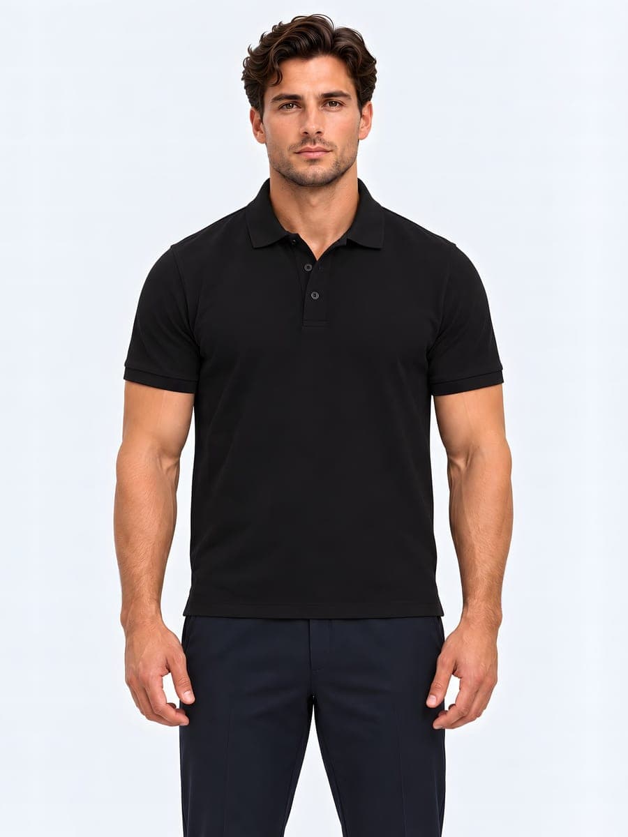 Piqué polo in black, front view
