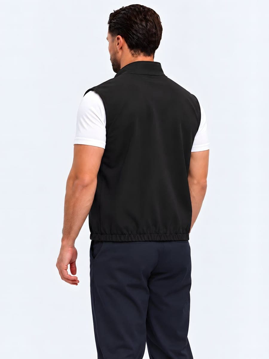 Zwarte polyester bodywarmer met tweewegrits, achteraanzicht
