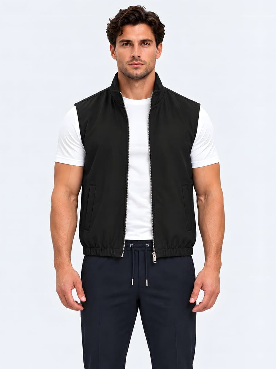 Zwarte polyester bodywarmer met tweewegrits, vooraanzicht