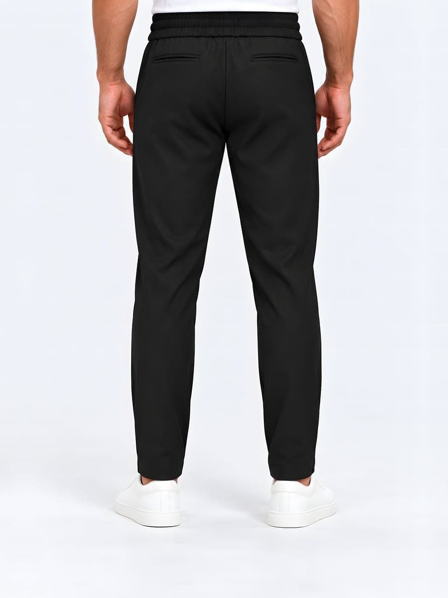 Polyester straight leg drawstring trousers in black, back view