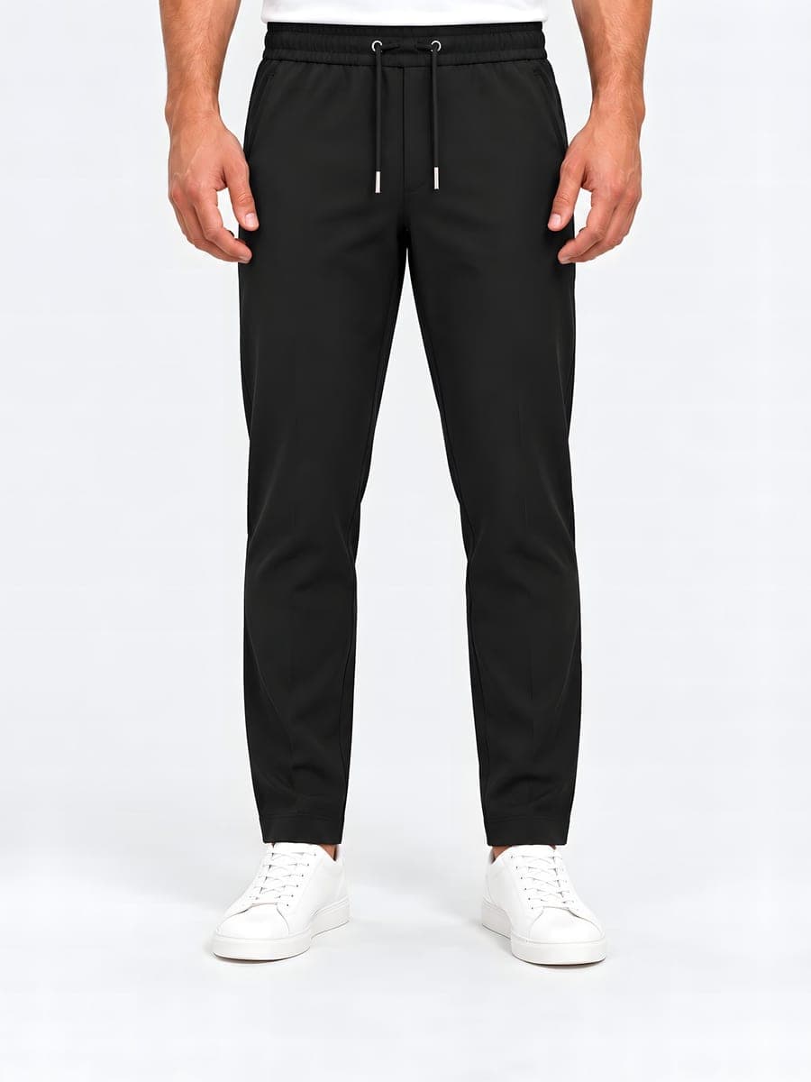Polyester straight leg drawstring trousers in black, front view