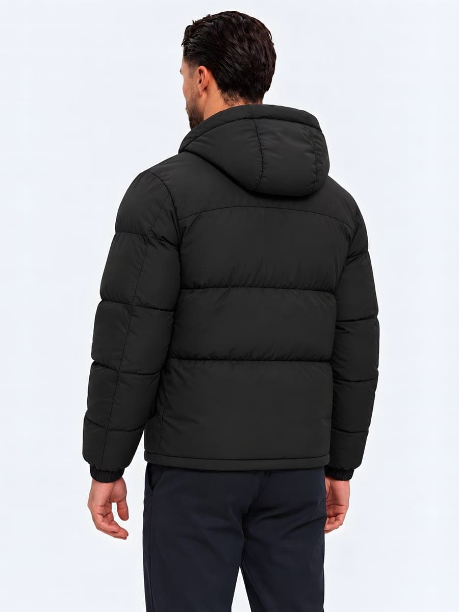 Puffer jacket with a fixed hood in black, back view