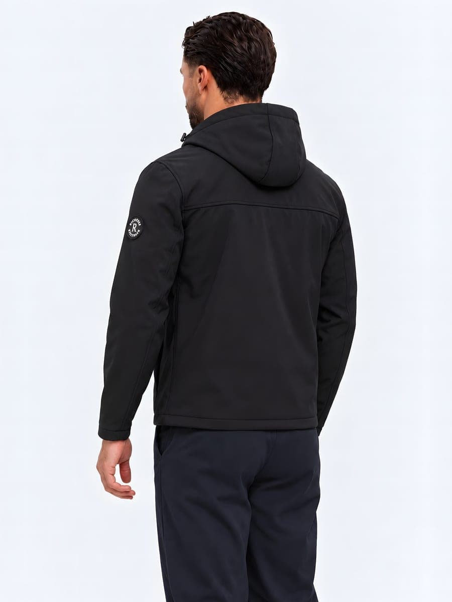 Waterproof hooded jacket in black, back view