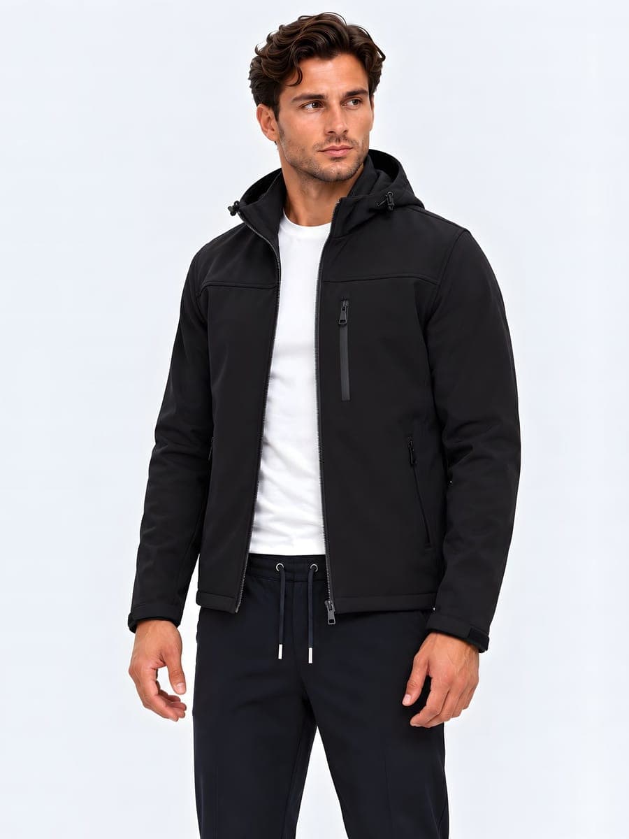 Waterproof hooded jacket in black, angled front view