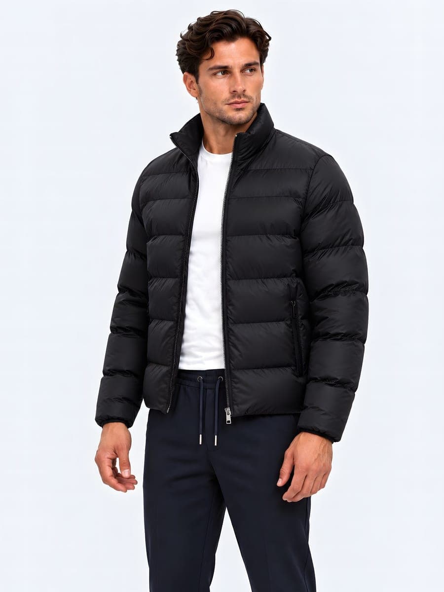 Winter jacket with a detachable hood in black, angled front view