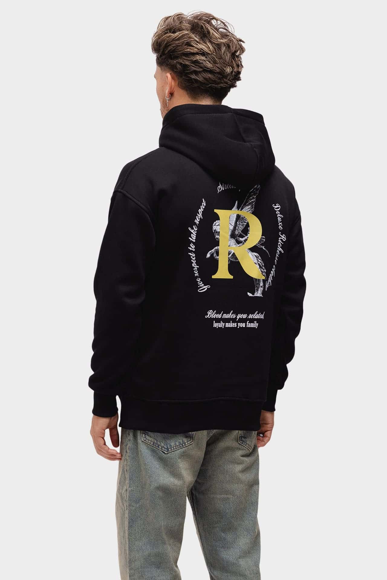 Black hoodie with a large back print