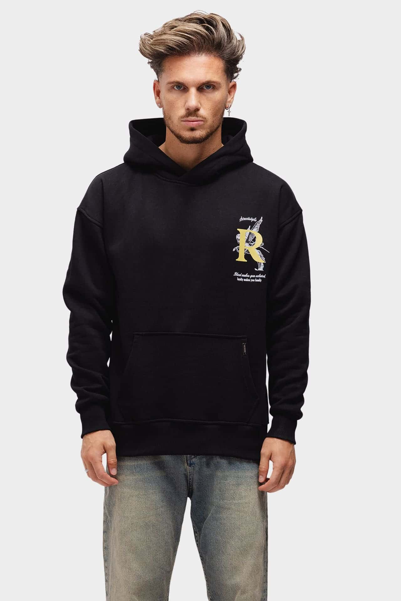 Black hoodie with a yellow R print on the front